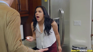 Monica Sage gets her face fucked in the kitchen
