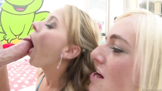 Kate England and Pristine Edge share Mike's huge cock in a gagging blowjob