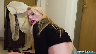 A sexy blonde's tight, hairless, cum-filled pussy