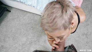 Short haired Ryan Keely is sucking cock in POV